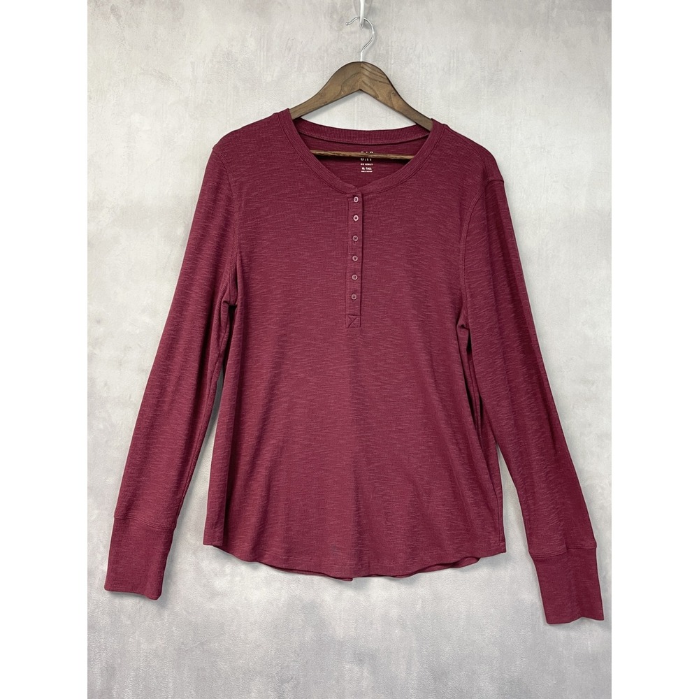 Gap Women Rib Henley Shirt Size XL Tall Red Delicious Long Sleeve Layer Minimal